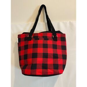 Von Maur Insulated Tote Bag Red Black Plaid Front Pocket Black Straps‎ NEW